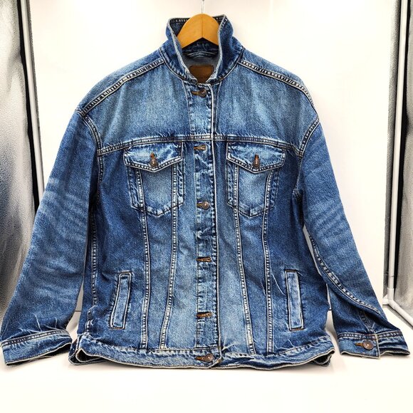 AE American Eagle Women's Jean Jacket Size XS Blue Denim Trucker Distressed - Picture 1 of 10